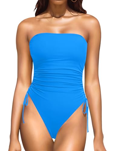 Yonique Trägerloser einteiliger Damen-Badeanzug, Bauchkontrolle, Bandeau-Badeanzug, freche Bademode, Blau, Large Yonique Trägerloser einteiliger Damen-Badeanzug, Bauchkontrolle, Bandeau-Badeanzug, freche Bademode, Blau, Large von Yonique