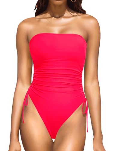 Yonique Trägerloser einteiliger Damen-Badeanzug, Bauchkontrolle, Bandeau-Badeanzug, freche Bademode, Hot Red, Medium von Yonique
