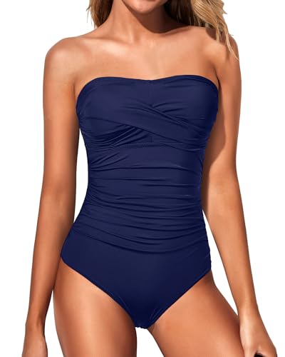 Yonique Trägerloser einteiliger Damen-Badeanzug, Bauchkontrolle, Bandeau-Badeanzug, schlankmachend, vorne gedrehte Bademode, Navy Blue, XL von Yonique