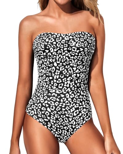 Yonique Trägerloser einteiliger Damen-Badeanzug, Bauchkontrolle, Bandeau-Badeanzug, schlankmachend, vorne gedrehte Bademode, Schwarz Weiß Leopard, Medium von Yonique