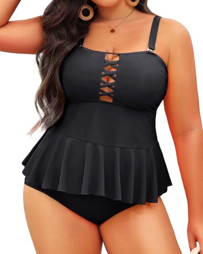 Yonique Übergröße Badeanzüge für Frauen Bauchkontrolle Zweiteilige Badeanzüge Schößchen Tankini Tops Hohe Taille Bademode, Schwarz, 140 Mehr von Yonique