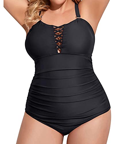 Yonique Women Black Plus Size One Piece Swimsuits Deep V Neck Tummy Control Bathing Suits Lace Up Swimwear 22plus von Yonique