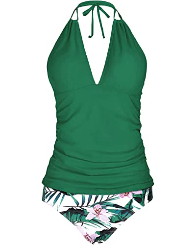 Yonique Womens Halter Tankini Swimsuits Green V Neck Tankini Tops with Bikini Bottom Two Piece Tummy Control Bathing Suits XL von Yonique