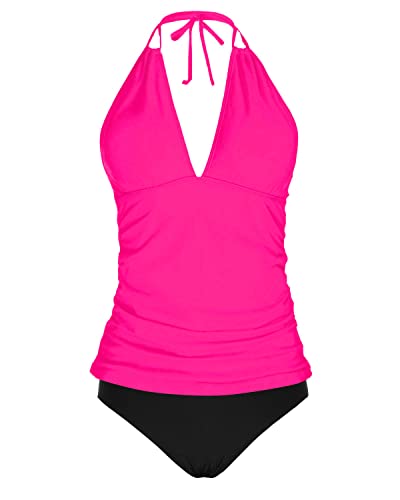 Yonique Womens Halter Tankini Swimsuits Pink V Neck Tankini Tops with Bikini Bottom Two Piece Tummy Control Bathing Suits XL von Yonique