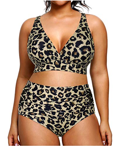 Yonique Womens Plus Size Bikini Swimsuits High Waisted Swimwear Tummy Control Two Piece Bathing Suits Leopard 16Plus von Yonique