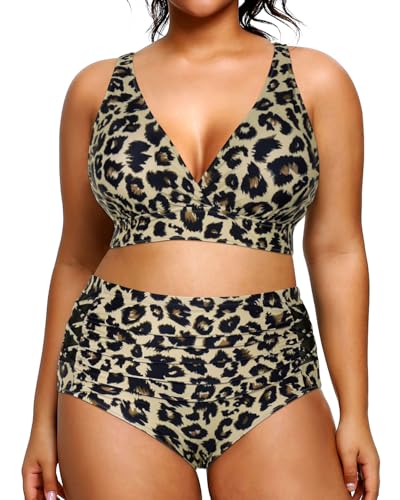 Yonique Womens Plus Size Bikini Swimsuits High Waisted Swimwear Tummy Control Two Piece Bathing Suits Leopard 18Plus von Yonique