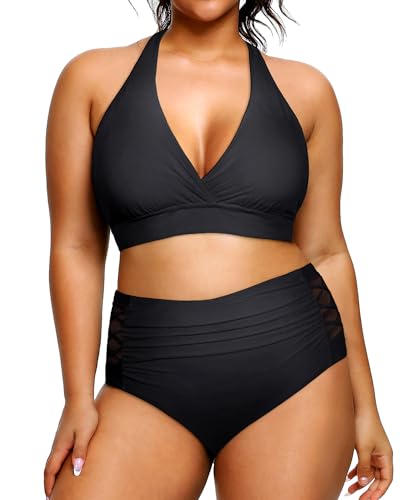 Yonique Womens Plus Size Halter Bikini Swimsuits High Waisted Swimwear Tummy Control Two Piece Bathing Suits Black 16Plus von Yonique