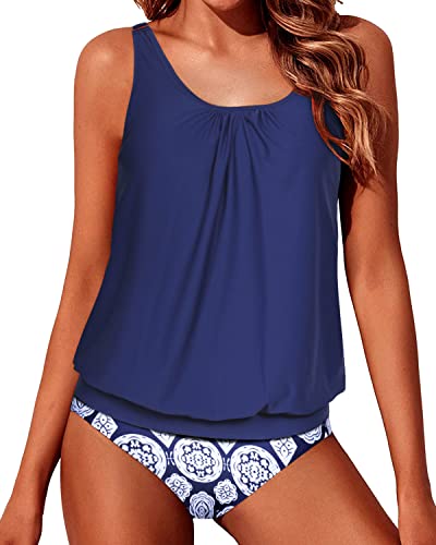 Yonique Zweiteilige Blouson-Tankini-Badeanzüge für Damen, bescheidene Badeanzüge, lockere Passform, Bademode, Blue, XS von Yonique