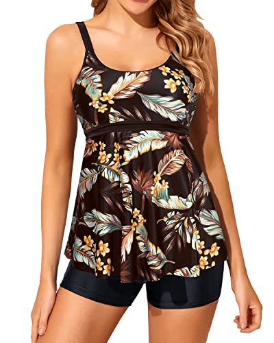 Yonique Zweiteilige Tankini-Badeanzüge für Damen, Bauchkontrolle, Badeanzüge mit Jungen-Shorts, bescheidene Bademode, Braune Blätter, XX-Large von Yonique