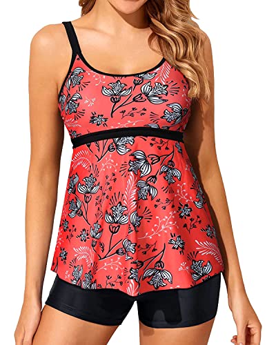 Yonique Zweiteilige Tankini-Badeanzüge für Damen, Bauchkontrolle, Badeanzüge mit Jungen-Shorts, bescheidene Bademode, Rot/Blumenmuster, XX-Large von Yonique