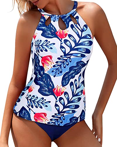 Yonique Zweiteilige Tankini-Badeanzüge mit hohem Ausschnitt für Damen, Bauchkontrolle, Badeanzüge, Blumendruck, Bademode, Blau floral, Large von Yonique