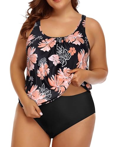 Yonique Zweiteiliger Badeanzug für Damen, Blouson, Tankini, Bauchkontrolle, Übergröße, Badeanzug, Schwarz-Orange-Blumenmuster, 22 Plus von Yonique