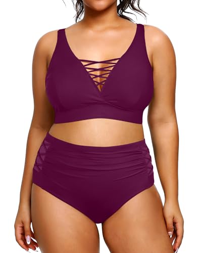 Yonique Zweiteiliger Badeanzug in Übergröße für Damen, hohe Taille, Bikini-Set, Bauchkontrolle, Badeanzüge, Kastanienbraun, 22 Plus von Yonique