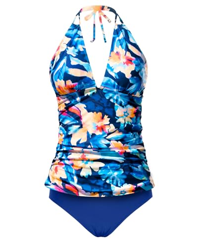 Yonique Zweiteiliger Damen-Badeanzug, Bauchkontrolle, Tankini, Übergröße, Badeanzug, Neckholder, V-Ausschnitt, Floral und Blau -1, Mittel von Yonique