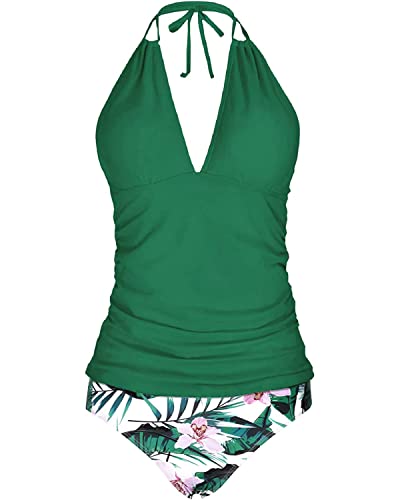 Yonique Zweiteiliger Damen-Badeanzug, Bauchkontrolle, Tankini, Übergröße, Badeanzug, Neckholder, V-Ausschnitt, Grün , XX-Small von Yonique