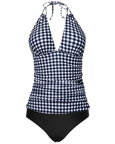 Yonique Zweiteiliger Damen-Badeanzug, Bauchkontrolle, Tankini, Übergröße, Badeanzug, Neckholder, V-Ausschnitt, Schwarz Weiß kariert, Large von Yonique