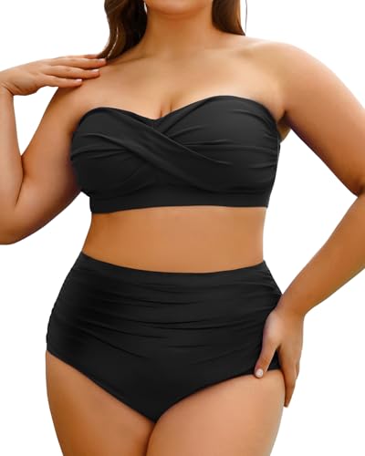 Yonique Zweiteiliger Damen-Badeanzug, Übergröße, hohe Taille, Bandeau-Bikini, Bauchweg-Badeanzug, Schwarz, 16 Plus von Yonique