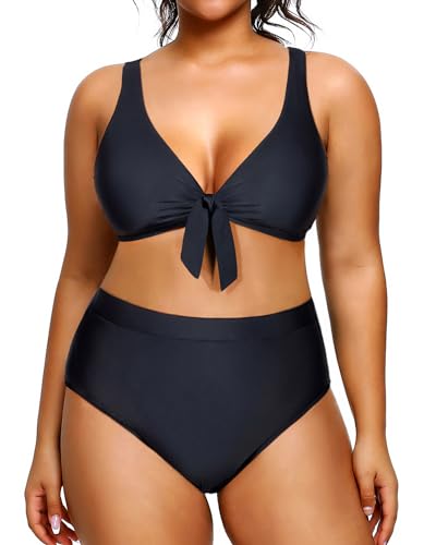 Yonique Zweiteiliger Damen-Badeanzug, Übergröße, hohe Taille, Bikini-Set, Knoten, Badeanzug, Bauchkontrolle, Bademode, Schwarz, 44 Mehr von Yonique