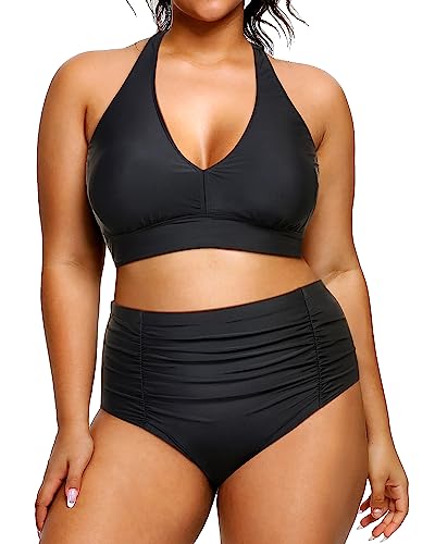 Yonique Zweiteiliger Damen-Bikini, Übergröße, Badeanzug, Bauchkontrolle, Badeanzüge, hohe Taille, Einfarbig Schwarz, 22 Plus von Yonique
