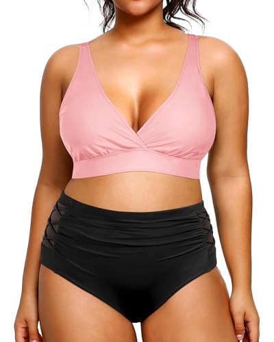 Yonique Zweiteiliger Damen-Bikini, Übergröße, Badeanzug, Bauchkontrolle, Badeanzüge, hohe Taille, rosa / schwarz, 44 Mehr von Yonique