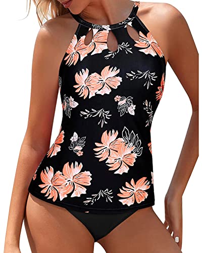 Yonique Zweiteiliger Tankini, hoher Ausschnitt, für Damen, Neckholder, Badeanzug, Blumendruck, Bademode, black floral, X-Large von Yonique