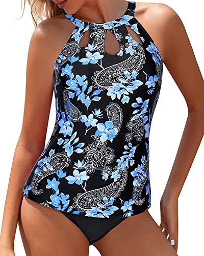 Yonique Zweiteiliger Tankini-Badeanzüge mit hohem Ausschnitt für Damen, Bauchkontrolle, Badeanzüge, Blumendruck, Bademode, Blau geblümt 02, XL von Yonique