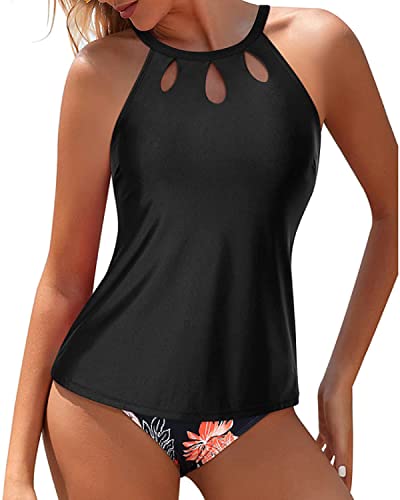 Yonique Zweiteiliger Tankini-Badeanzüge mit hohem Ausschnitt für Damen, Bauchkontrolle, Badeanzüge, Blumendruck, Bademode, Schwarz geblümt 02, XL von Yonique