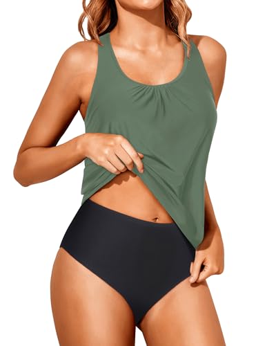 Yonique Zweiteiliger Tankini-Badeanzug für Damen, Racerback, Tank-Top mit Unterteil, Bauchkontrolle, Bademode, Grün (Army Green), Large von Yonique