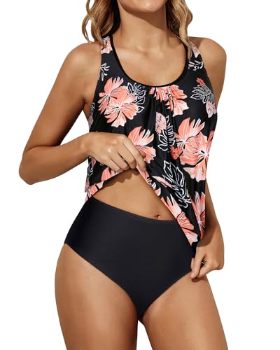 Yonique Zweiteiliger Tankini-Badeanzug für Damen, Blouson, Badeanzug, Racerback, Schwimm-Top mit Hose, Bauchkontrolle, Bademode, Rosa Blume, XL von Yonique