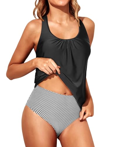 Yonique Zweiteiliger Tankini-Badeanzug für Damen, Racerback, Tank-Top mit Unterteil, Bauchkontrolle, Bademode, Schwarz, 18 Plus von Yonique