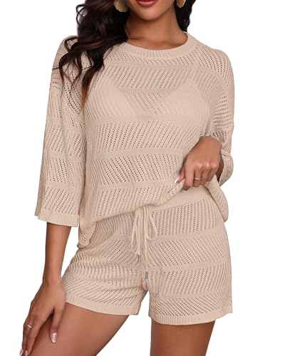 Zweiteiliges Damen-Coverup-Set – gehäkelte Strandvertuschung mit Shorts, halblange Ärmel, Badeanzug, Beige, S von Yonique