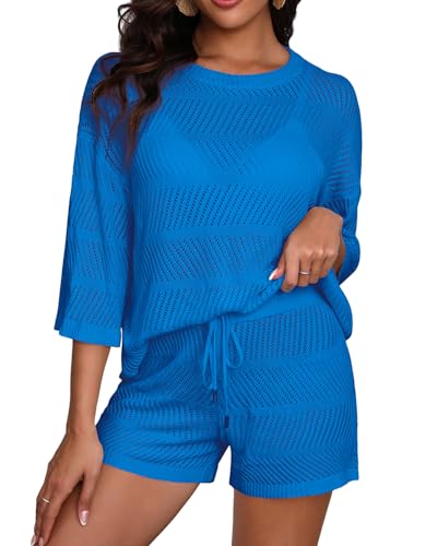Zweiteiliges Damen-Coverup-Set – gehäkelte Strandvertuschung mit Shorts, halblange Ärmel, Badeanzug, Blau, Medium von Yonique