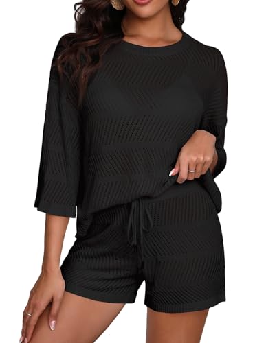 Zweiteiliges Damen-Coverup-Set – gehäkelte Strandvertuschung mit Shorts, halblange Ärmel, Badeanzug, Schwarz, X-Large von Yonique