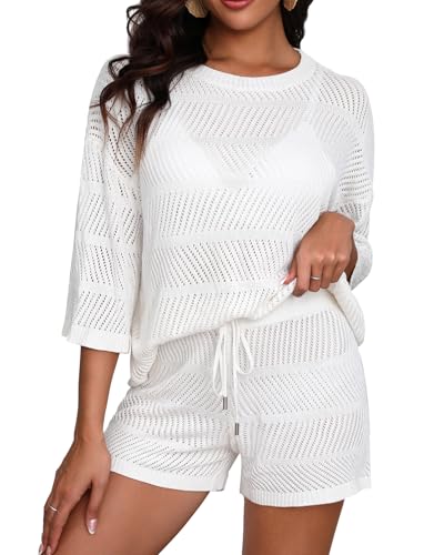 Zweiteiliges Damen-Coverup-Set – gehäkelte Strandvertuschung mit Shorts, halblange Ärmel, Badeanzug, Weiss/opulenter Garten, X-Large von Yonique