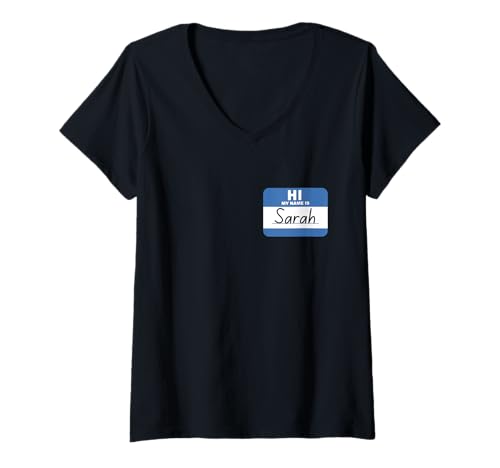 Damen Hallo, Mein Name ist Sarah Funny Name Tag Tag T-Shirt mit V-Ausschnitt von Yonkboyz Kleidung