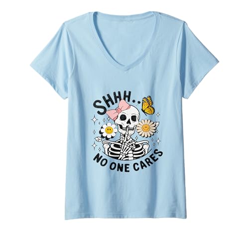 Damen Shhh niemand kümmert Sich lustiges Skelett T-Shirt mit V-Ausschnitt von Yonkboyz Kleidung