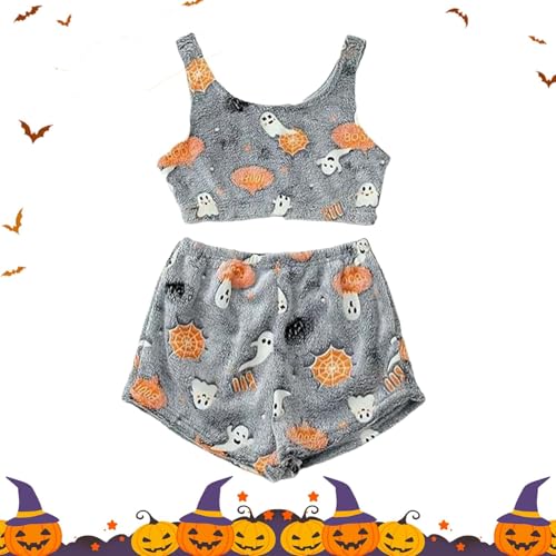 Yonuaret Halloween Pyjamas Damen Damen Schlafanzug Zweiteiliger Pyjama, Halloween Pyjama Pyjama Sets Mit Flanellweste Für Damen Pyjama Set Mit Halloween Print Im Dunkeln Leuchtet von Yonuaret