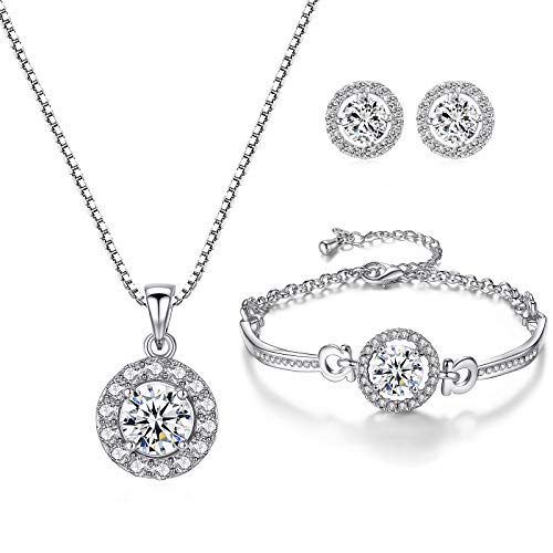 YooAi Schmuck Set Runde Anhänger Halskette Ohrringe und Armband Set Zirkonia Schmuck für Frauen Rund Silber von YooAi