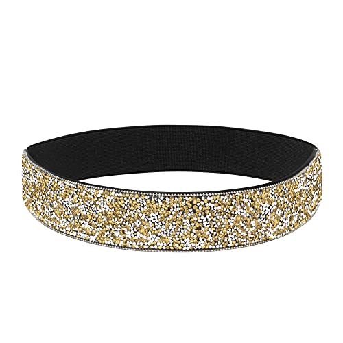 YooAi Strass Elastische PU Leder Gürtel Glänzender Kristall Stretch Taille Gürtel Breite Taille Band für Frauen Kleid 64cm Gold von YooAi