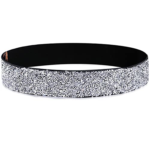 YooAi Strass Elastische PU Leder Gürtel Glänzender Kristall Stretch Taille Gürtel Breite Taille Band für Frauen Kleid 88cm Kristallweiß Schwarz von YooAi