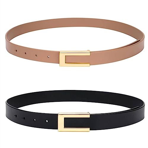 YooAi Womens Leather Belt Skinny Waist Belt for Dresses Jeans Pants with Gold Buckle Black+Khaki 105 von YooAi