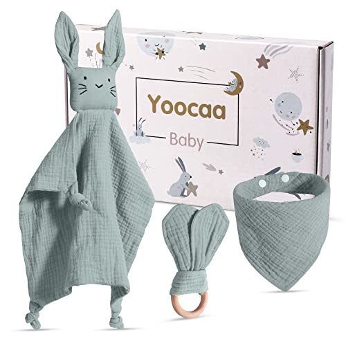 Yoocaa Baby Geschenk zur Geburt Junge & Mädchen - 100% Musselin-Baumwolle Schmusetuch, Lätzchen und Beißring Geschenke zur Geburt (Mint) von Yoocaa