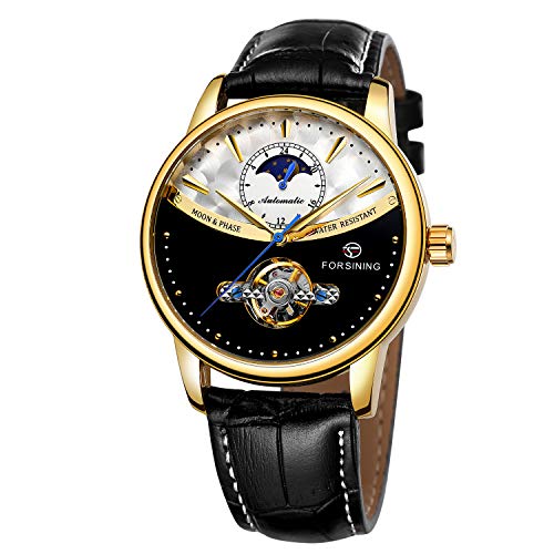 Yoodeet Echtes Leder Automatik Mechanische Armbanduhr Männer Edelstahl Skeleton Automatische Uhren für Männer Schwungrad Kalender Uhr Gold Schwarz von Yoodeet