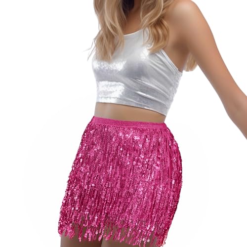 Yoody Damen Paillettenrock mit Fransen Rave, glitzernder Rock für Festivals, Rosenrot, 42 von Yoody