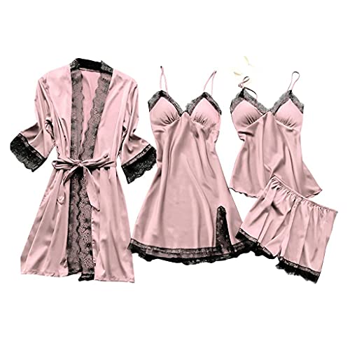 Dessous Damen Sexy Unterwäsche, 4-teiliges Dessous Set Damen Kunstseide Spitze Negligee Robe Nachtkleid Babydoll Nachtwäsche Nachthemd Pyjamas Schlafanzug Reizwäsche Vierteiliger Anzug von Yoofeiduoduo