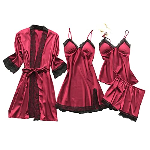 Yoofeiduoduo Dessous Damen Sexy Unterwäsche, 4-teiliges Set Kunstseide Spitze Negligee Robe Nachtkleid Babydoll Nachtwäsche Nachthemd Pyjamas Schlafanzug Reizwäsche Vierteiliger Anzug, Rot, S von Yoofeiduoduo