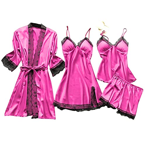 Yoofeiduoduo 4 teiliges Satin Pyjama Dessous-Sets, Dessous Frauen Silk Lace Babydoll Nachtwäsche Nachthemd Set Kimono Damen Morgenmantel Bademantel Seide Roben V Ausschnitt Mit Blumenspitze, Rosa, M von Yoofeiduoduo