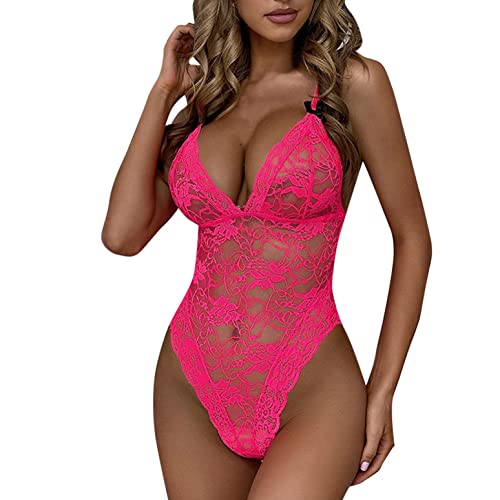 Yoofeiduoduo Damen Lace Bodys V-Ausschnitt Babydoll Sexy Teddy Lingerie Frauen Unterwäsche Snap Schritt Dessous Tiefer Spitze Bodysuit Einteilige für Frauen, Rosa, L von Yoofeiduoduo