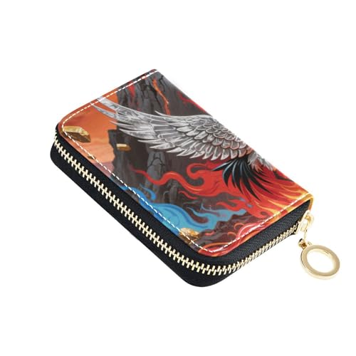 Abstrakter Feuerberg-Kranich, rotes Leder, für Damen, Kartenetui mit 9 Kartenfächern, RFID-blockierend, mit Reißverschluss von Yoogain