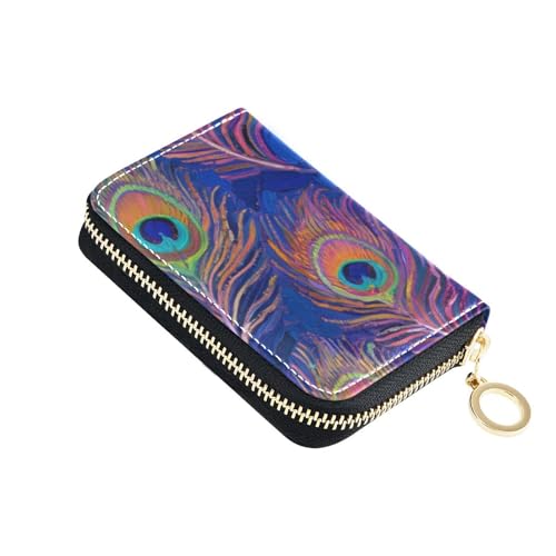 Blaue Pfauenfeder-Geldbörse aus Leder für Karten mit 9 Kartenfächern, RFID-blockierend, Damen-Kartenetui mit Reißverschluss von Yoogain